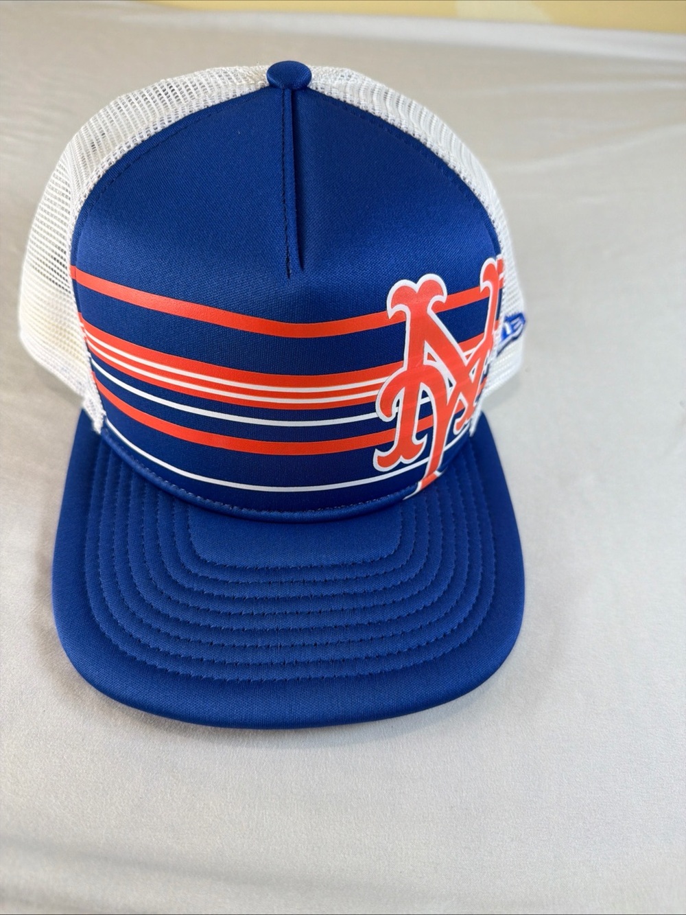 New York Mets Blue & White Mesh Trucker Hat with Orange Stripe Accent